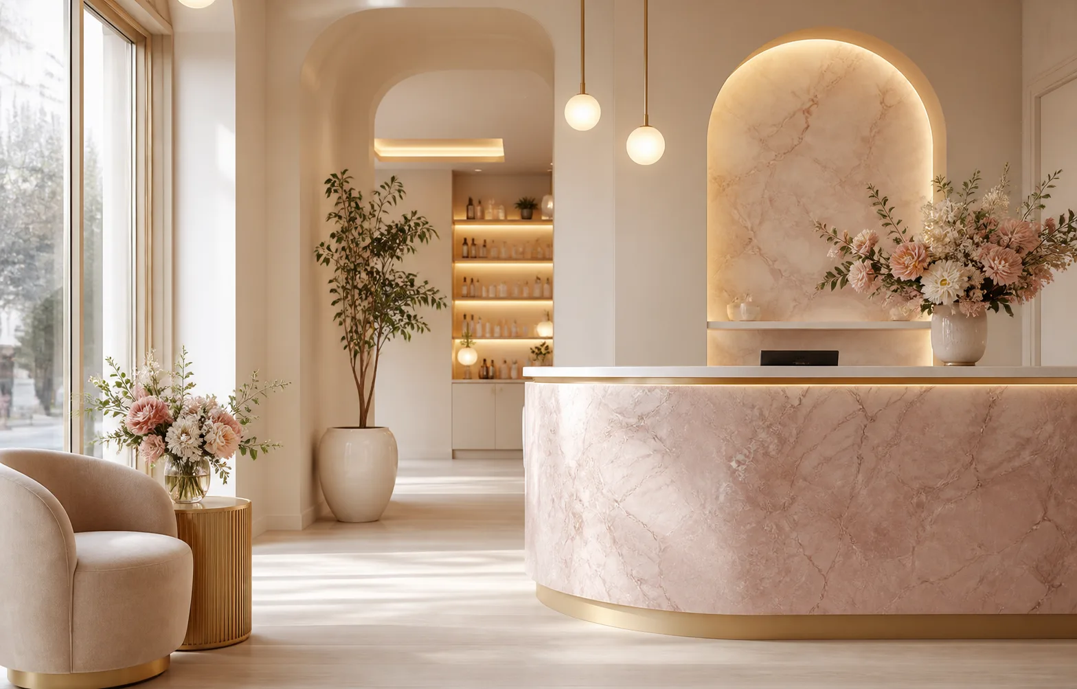 Warm beauty salon reception with soft daylight