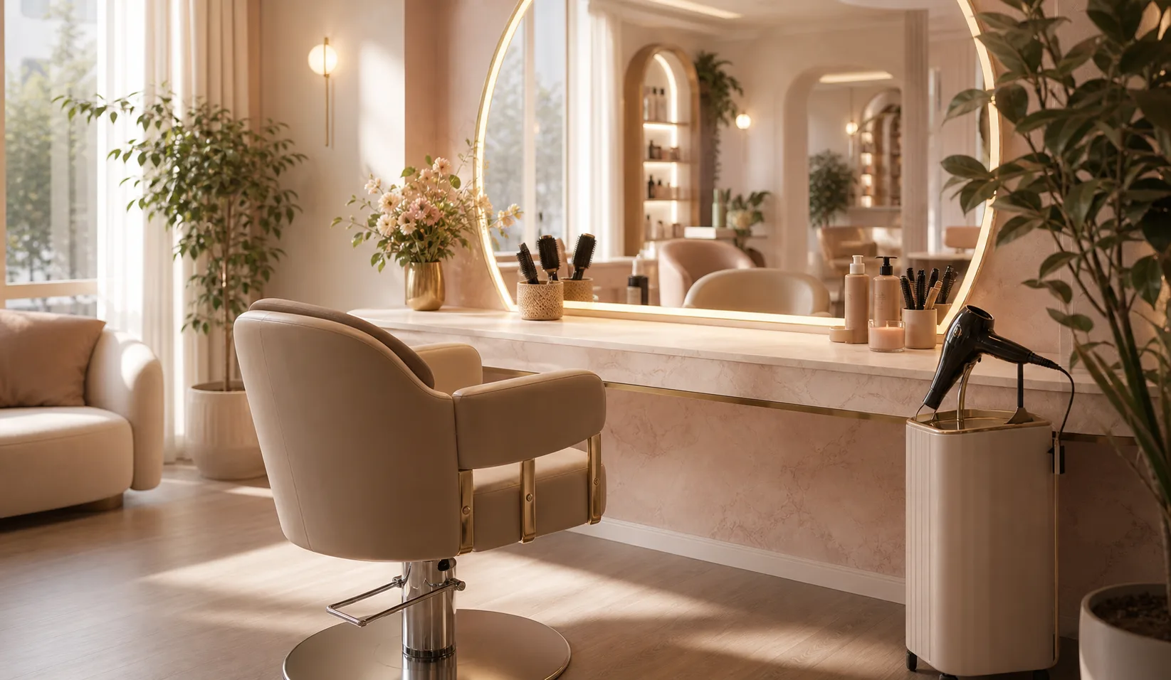 Elegant hair styling station with mirror and tools