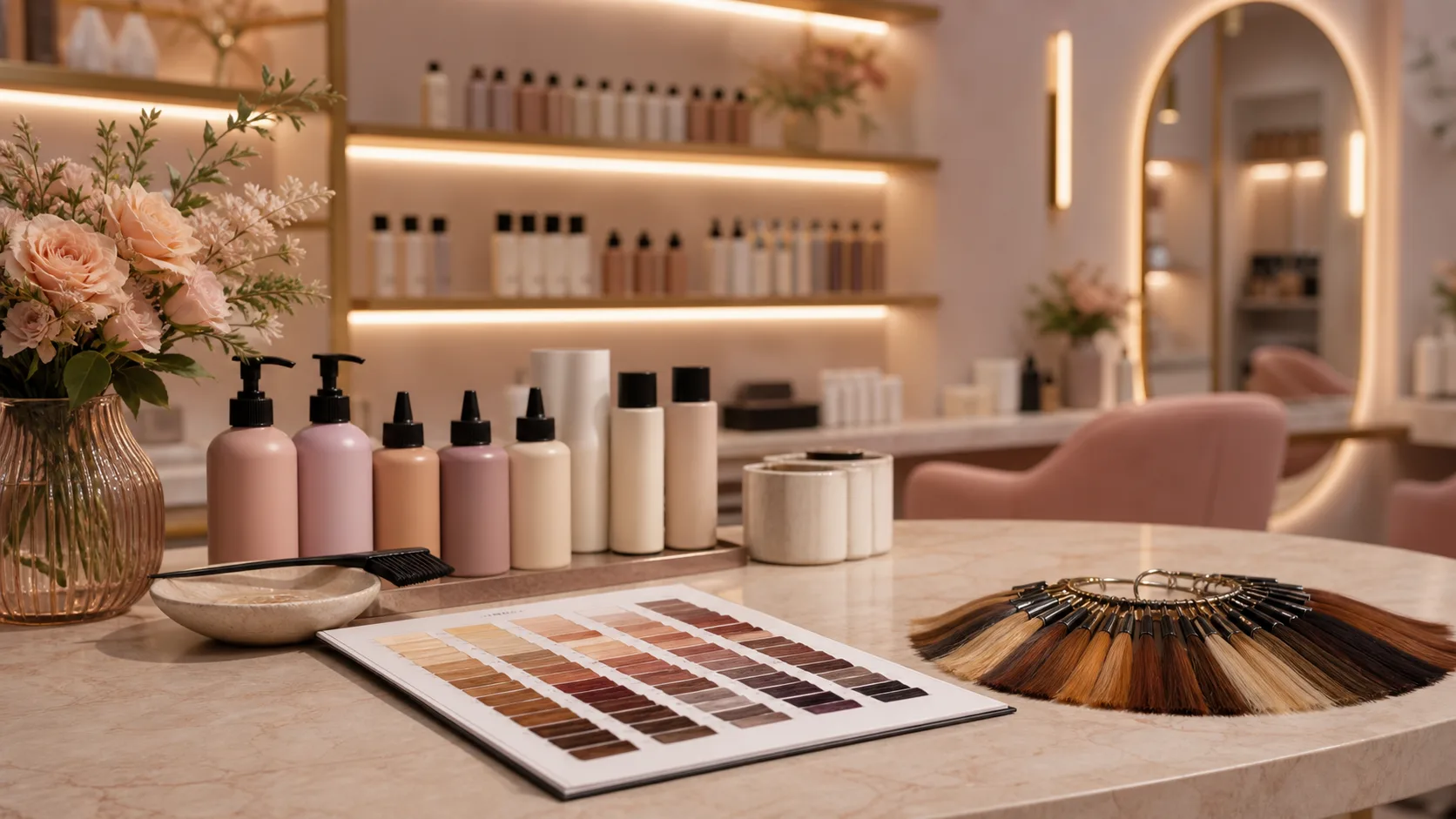 Salon color bar with organized professional products