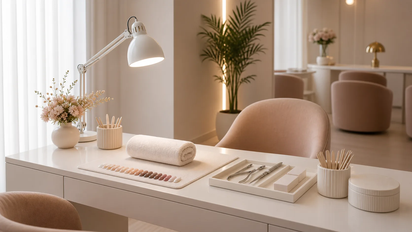 Modern manicure table with clean neutral styling