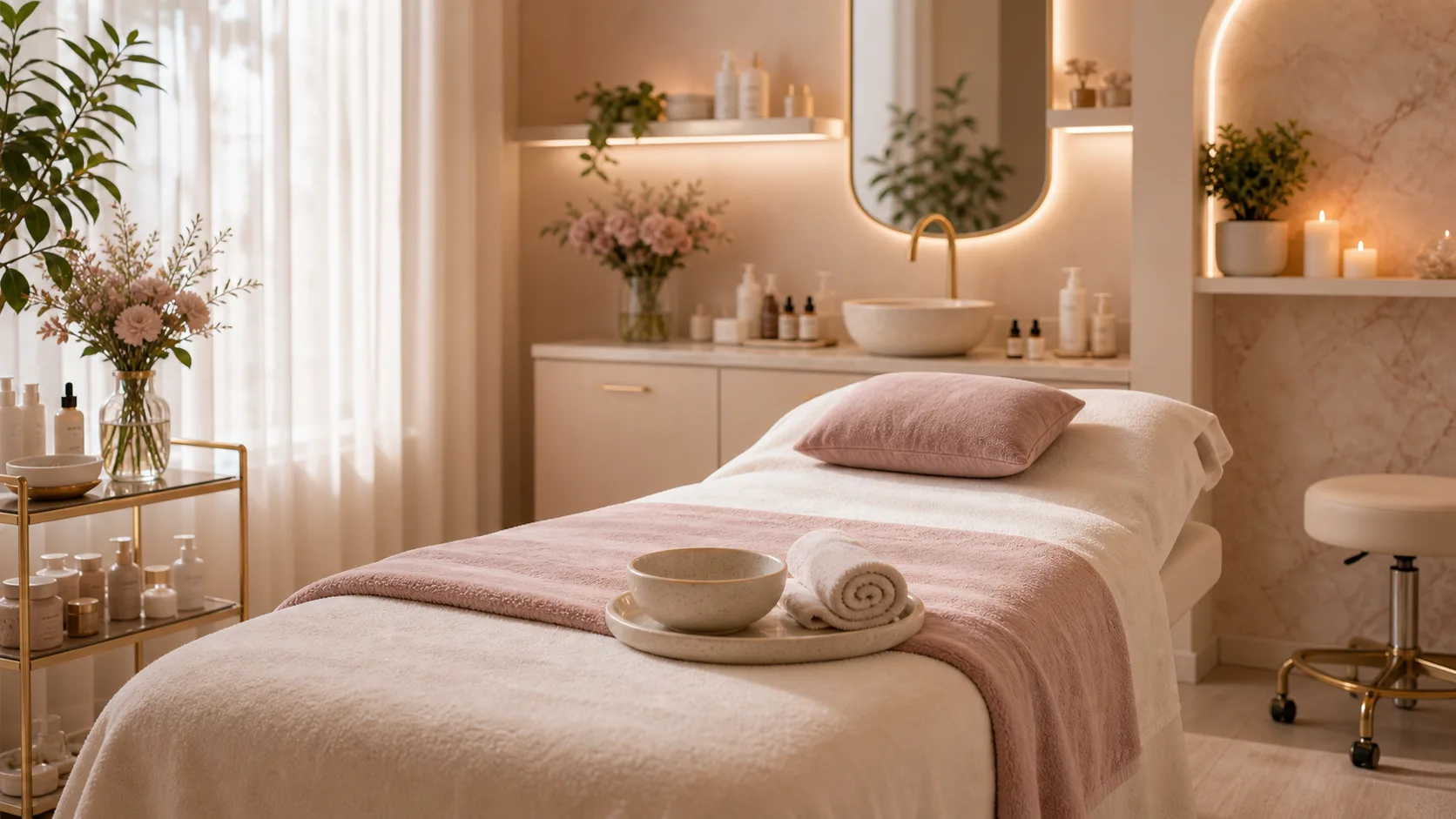 Calm facial treatment room with warm towels
