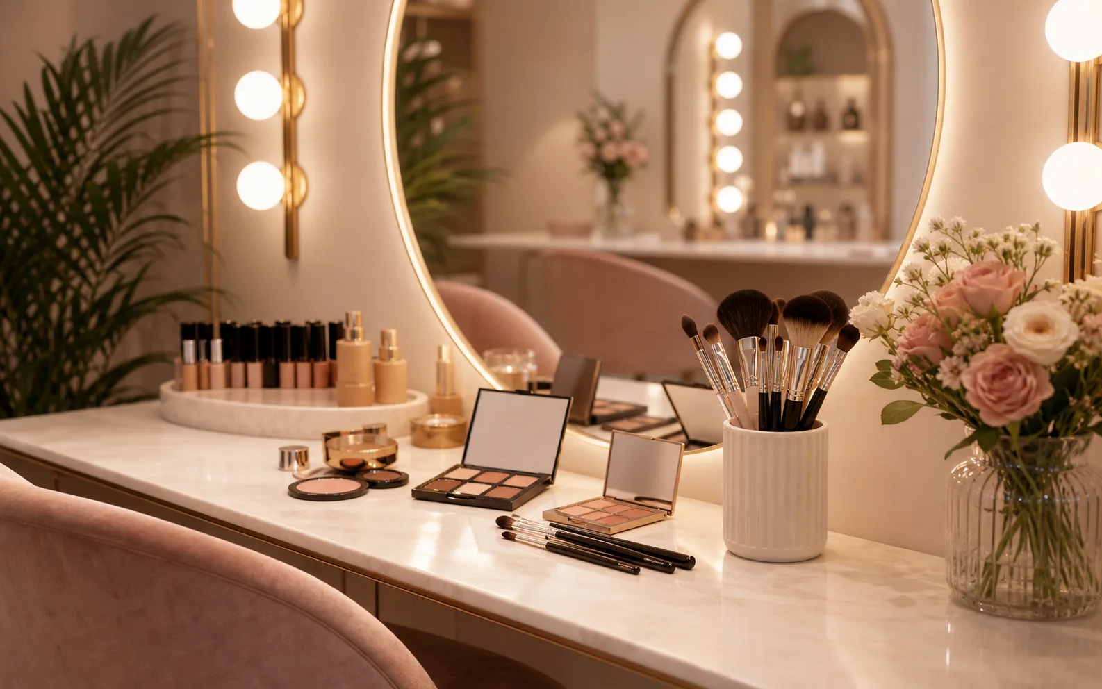 Makeup corner with brushes and soft lighting