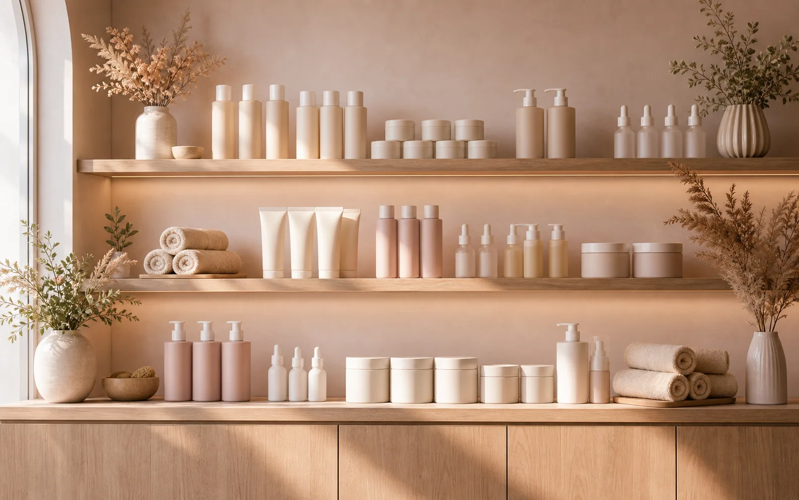 Curated beauty product shelf without logos