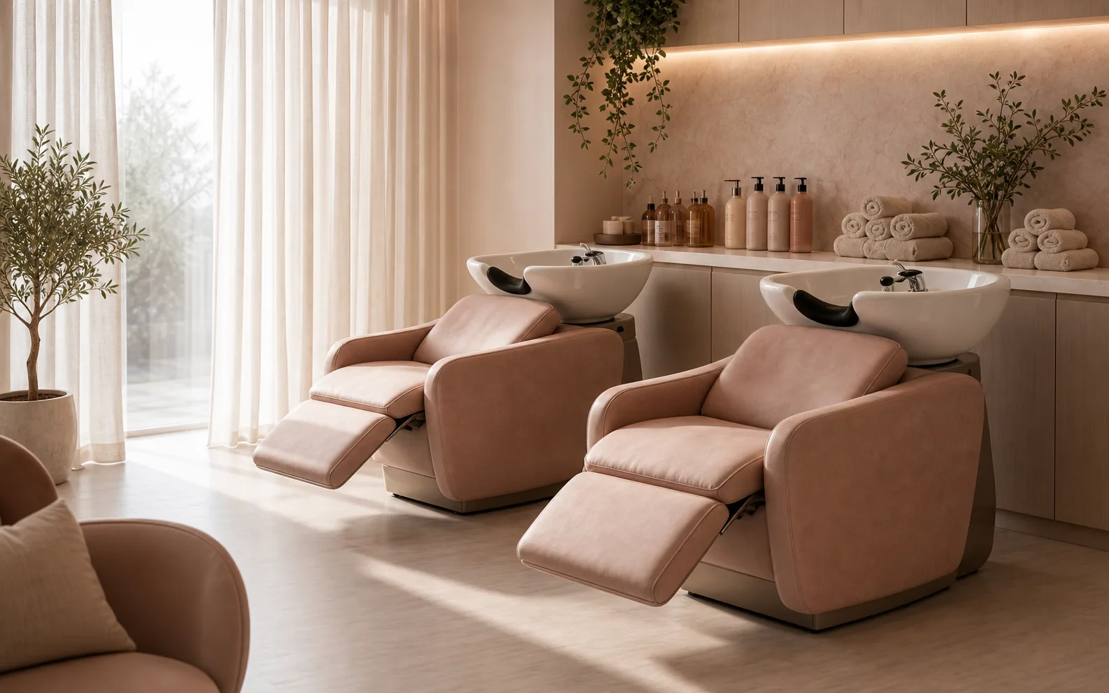 Hair washing zone with comfortable salon chairs