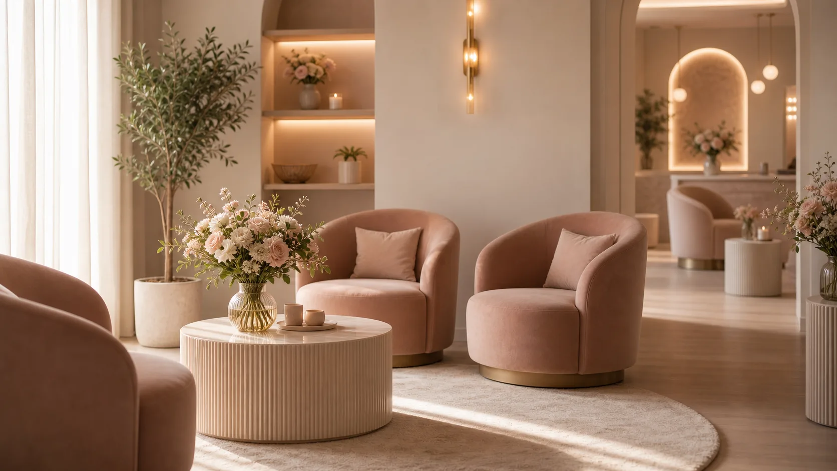 Beauty salon lounge with flowers and warm chairs