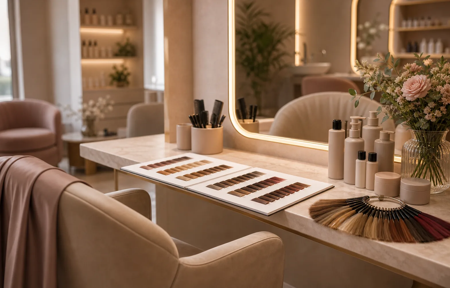 Hair color consultation with swatches and mirror