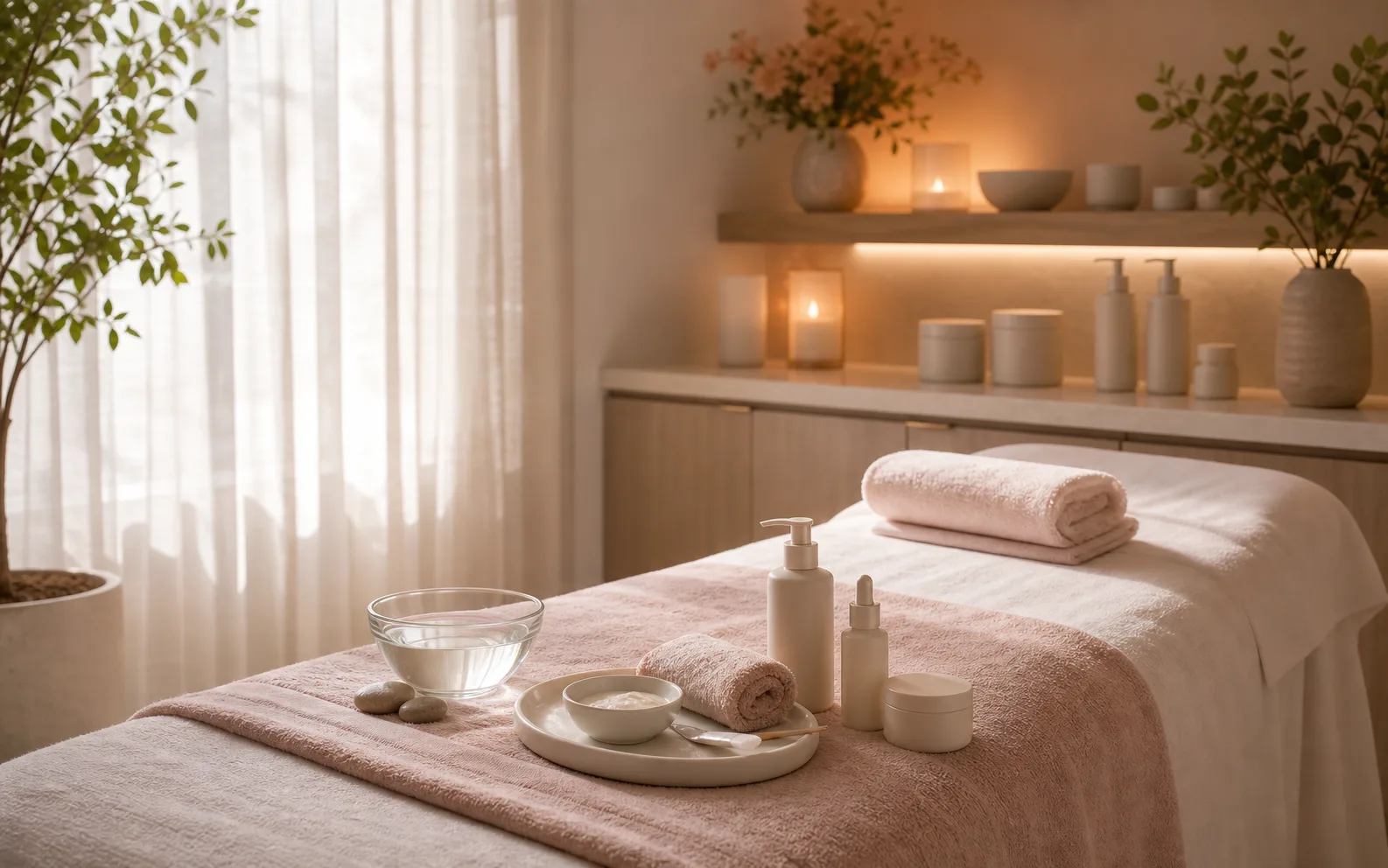 Facial skincare setup with towels and soft light