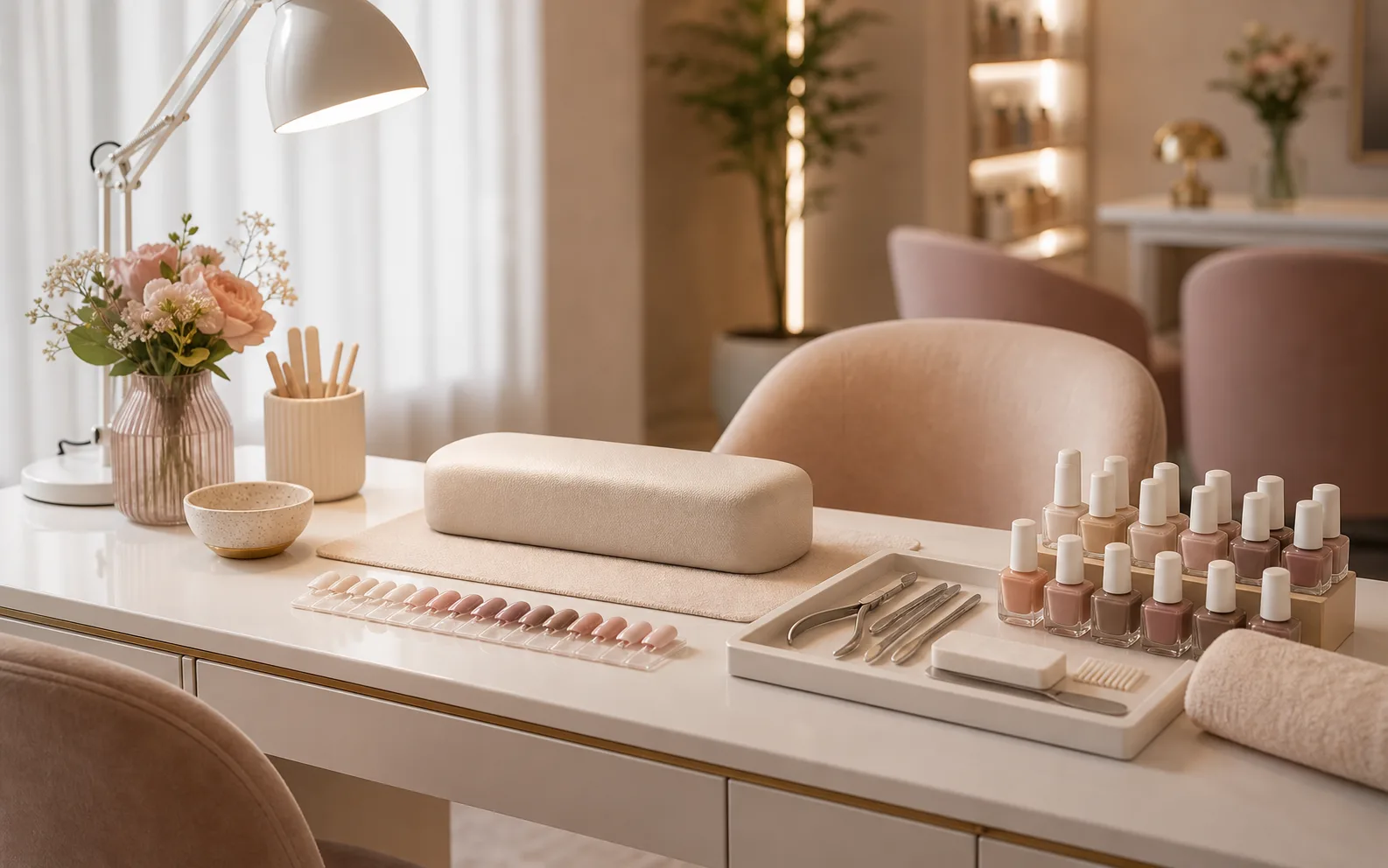 Nail care workspace with neutral polish palette