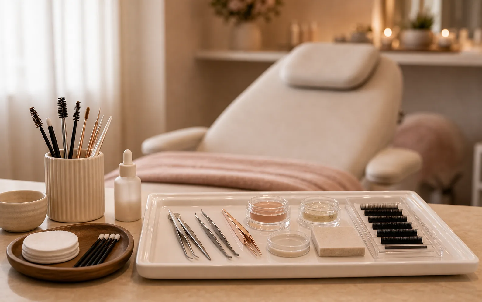 Brow and lash treatment tools arranged cleanly