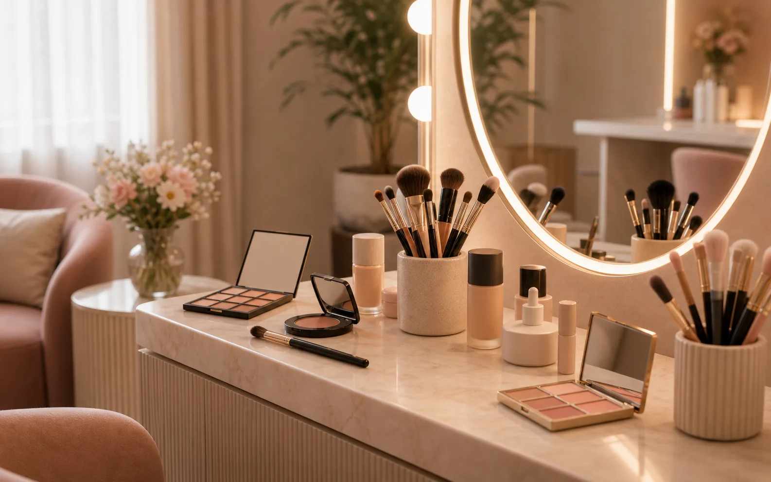 Makeup brushes and complexion palette in salon light